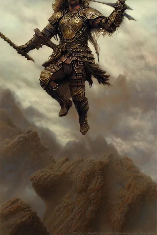 Image similar to masterpiece matte painting of a warrior falling from the clouds, male, breastplate, magical, high fantasy, d & d, by donato giancola, face details, extremely detailed, digital illustration