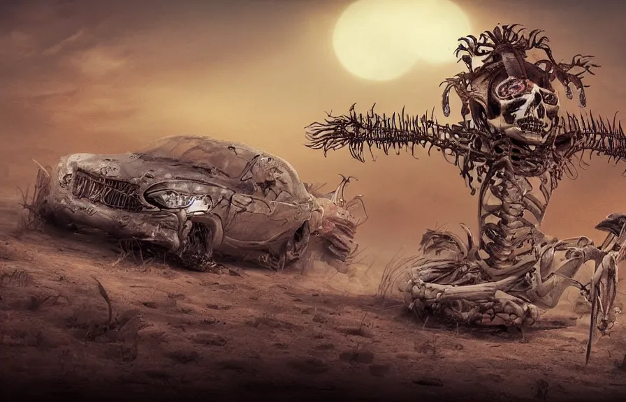 Prompt: a scary flowery skeleton car in a desert, artstation, digital art,