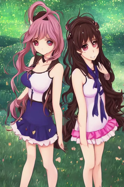 Image similar to two identical beautiful female idols standing face to face, detailed anime art