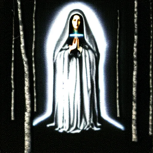 Image similar to marian apparition in forest, high contrast, found footage, vhs, 1 9 9 0, beautiful, highly realistic, highly detailed, vhs noise static, black and white, vhs glitch