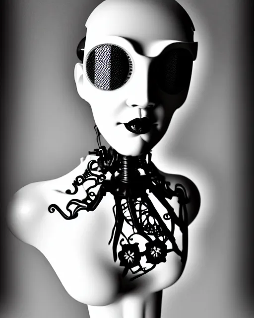 Image similar to black and white dreamy foggy poetic smoky profile face portrait, one silver steampunk realistic eye biomechanical beautiful angelic young female cyclope - cyborg - robot bust, body ribs meshes,, volumetric light, hibiscus flowers, by dora maar, rim light, big gothic fashion pearl embroidered collar, 8 k
