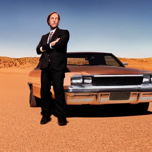 Prompt: Saul Goodman leaning against his car in the desert