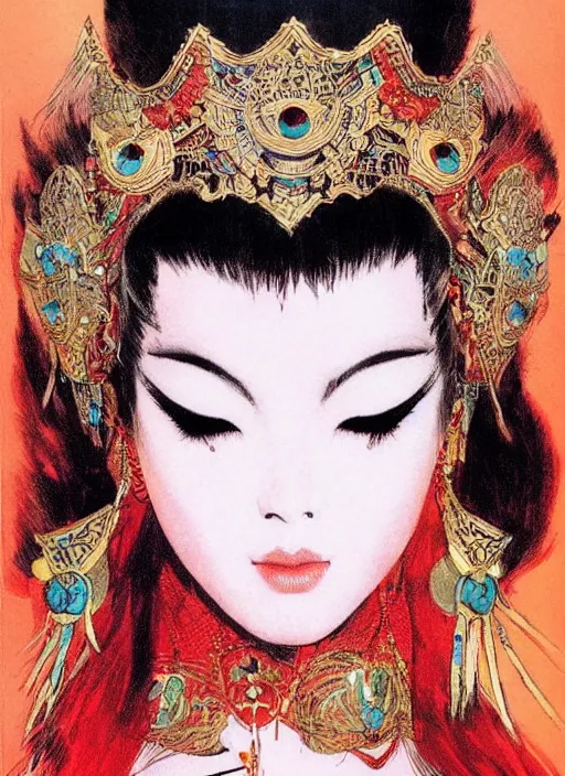 Image similar to svelt female korean vampiress, jeweled headdress, heavy mascara, strong line, saturated color, beautiful! coherent! by frank frazetta, high contrast, minimalism