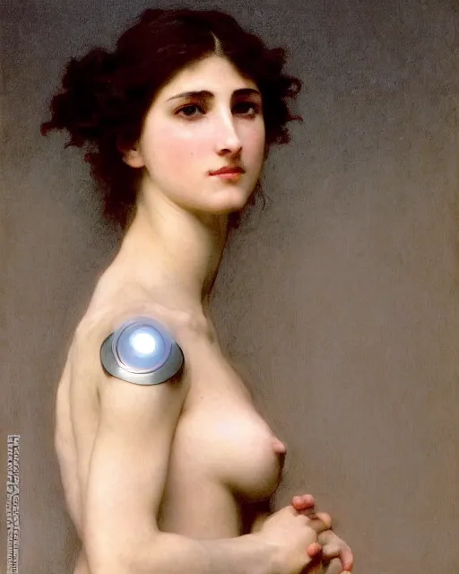 Image similar to 3 / 4 portrait photo by bouguereau of female dancer as a cyberpunk mecha humanoid robotic parts with bright led lights over neck, inside white room, ultra - realistic and detailed, 8 k