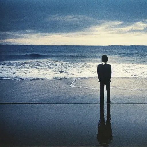 Prompt: japanese man with long hair in a suit standing in the ocean facing the camera, wide shot, far away, zoomed out, sunset, album cover, 1980, tatsuro yamashita, ride on time