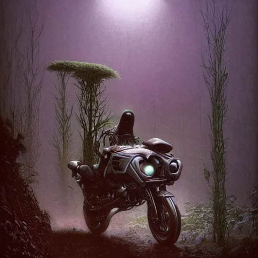 Image similar to a hyperrealistic painting of a futuristic motorcycle in the middle of an alien jungle, bioluminescent plants, by john kenn mortensen and zdzislaw beksinski, highly detailed, vivid color,