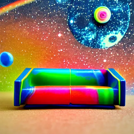 Prompt: fisher price couch, perfect focus, psychedelic trippy couch in space, planets, milky way, sofa scene from tv show hyper detailed 5 5 mm 8 5 mm, toy photography, made out of plastic