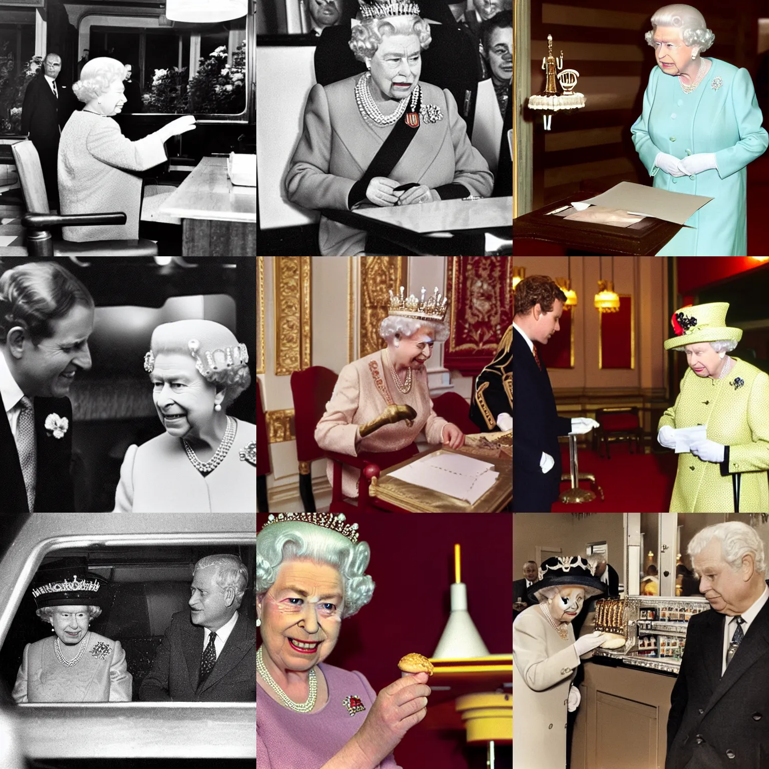 Prompt: Queen Elizabeth II ordering at Burger King