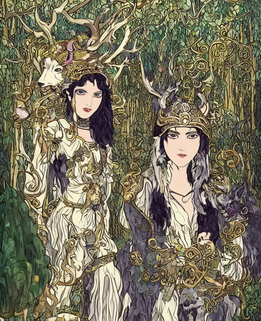 Prompt: portrait of Princess Mononoke wearing her mask, lush forest landscape, style of Art Nouveau, gems and gold, waterfalls, denoised, sharp,