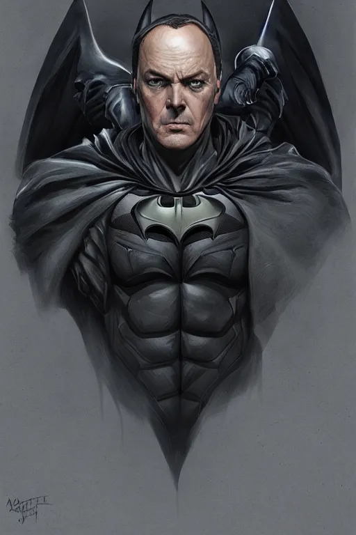 Image similar to Portrait of Michael Keaton as Batman, dark cinematic lighting, intricate, elegant, highly detailed, digital painting, artstation, painted by Artgerm and Mark Waid and Greg Rutkowski and Mandy Jurgens