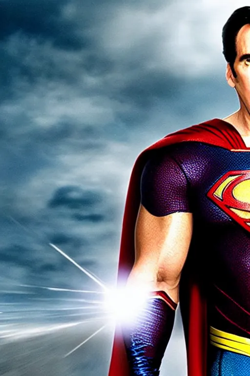 Image similar to nicholas cage as superman, live action, superhero movie, dramatic