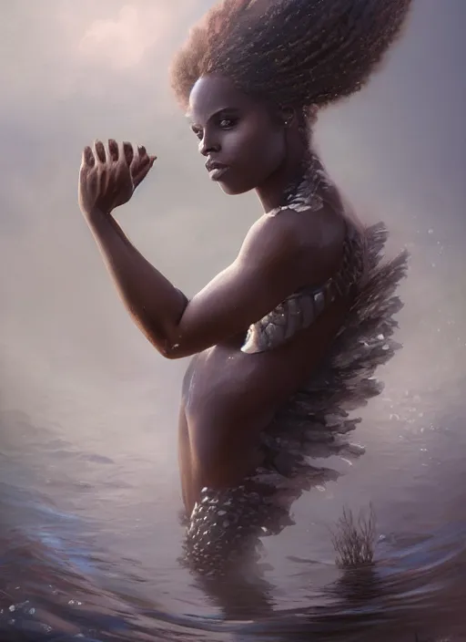 Image similar to dramatic upper body portrait of Megalyn Echikunwoke as a dark-skinned mermaid by Ruan Jia and Mandy Jurgens and Artgerm and william-adolphe bouguerea, underwater, white lilies, shells, mirror, marvel comics, intricate, highly detailed, smooth, artstation, digital illustration by julie bell and Ruan Jia and Mandy Jurgens and Artgerm and William Adolphe Bouguereau and John Collier and Greg Rutkowski and Frank Frazetta