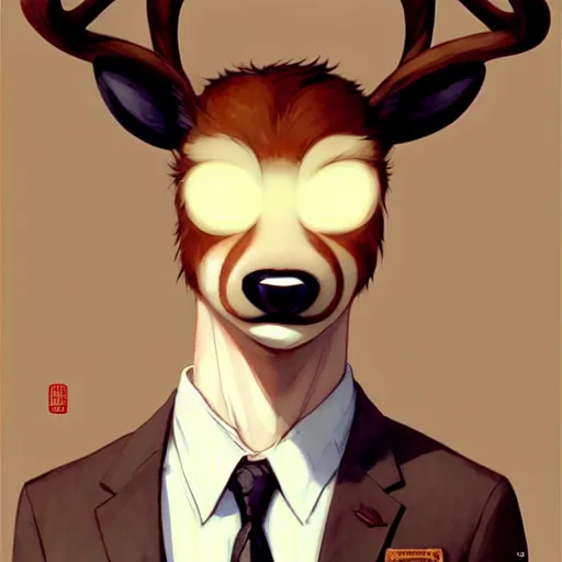 Image similar to character design portrait of a stupid chinese anthropomorphic furry deer man with deer ears, short brown hair, wearing a suits, looking at the camera, 4 k, concept art, by wlop, wenjun lin, watercolor, ilya kuvshinov, artgerm, krenz cushart, pixiv.