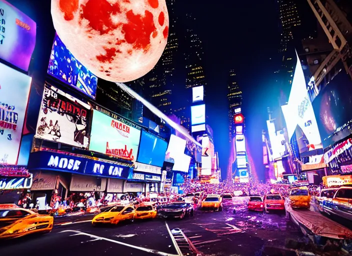 Image similar to film still of the moon shattering into pieces exploding moon over time square in the new disaster, 8 k, night time