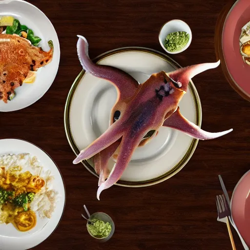 Prompt: a squid in the middle of a dinner table, there are plates setup, realistic hd photo