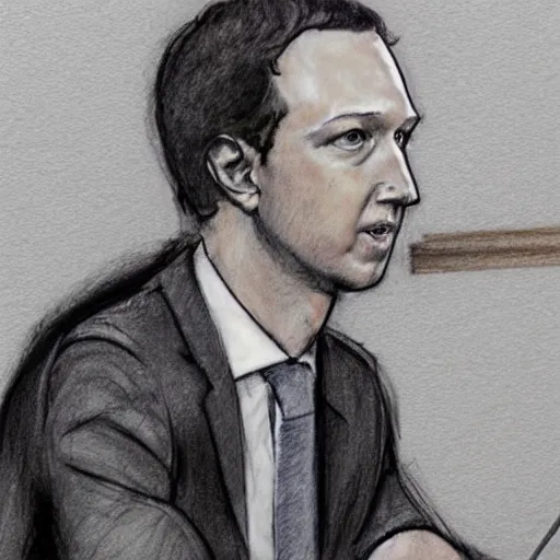 Prompt: courtroom sketch of mark zuckerburg being found guilty of crimes against humanity, courtroom sketch, pencil sketch