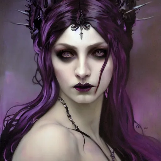 Image similar to dark goth queen with purple eyes, by jeremy mann and alphonse mucha, fantasy art, photo realistic, dynamic lighting, artstation, poster, volumetric lighting, very detailed faces, purple eyes, 4 k, award winning dark, goth, queen, dark fantasy, black, dark purple, hyperrealistic portrait, art of elysium, full figure, very detailed face,