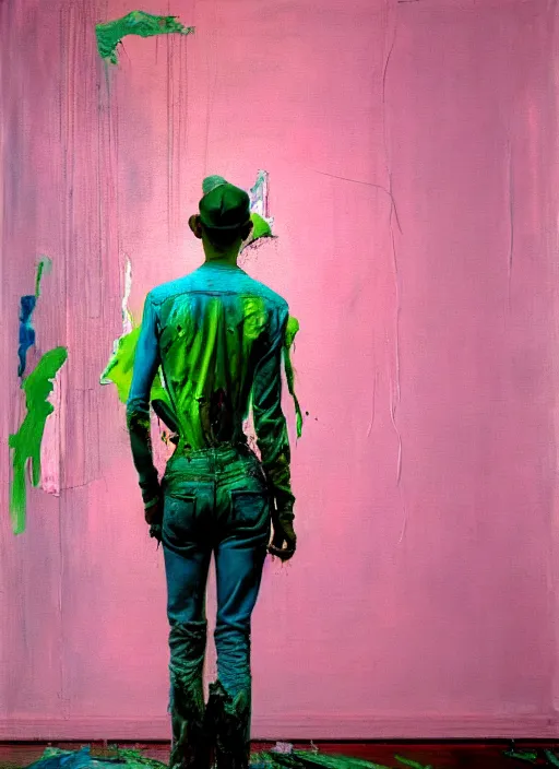 Prompt: an insane, skinny, artist wearing dirty, torn overalls, expressive painting the walls inside a grand messy studio, depth of field, hauntingly surreal, highly detailed painting by francis bacon, edward hopper, adrian ghenie, glenn brown, soft light 4 k in pink, green and blue colour palette, cinematic composition,