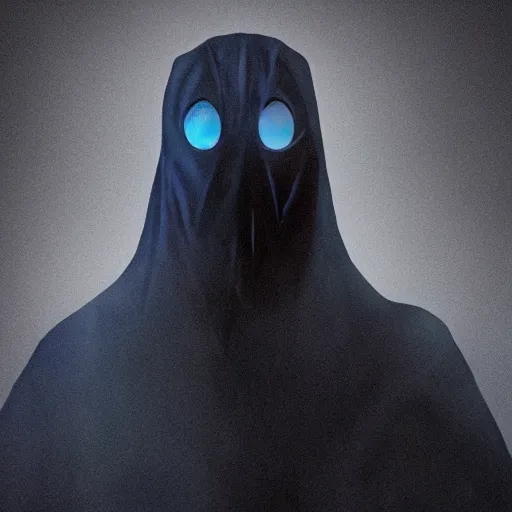 Image similar to award - winning. trending on artstation. 4 k. eerie tone. a mouthless shadowy figure wearing a hooded cape made of the night sky with 1 5 dark blue glowing eyes on its face and rows of teeth on its chest. full - body. portrait.