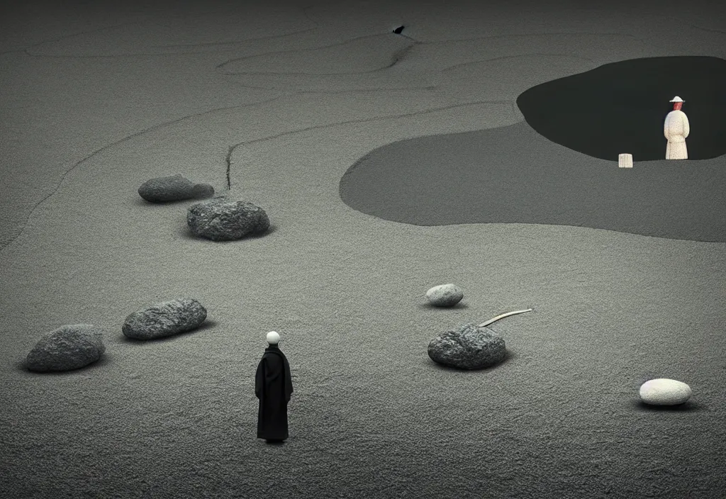 Image similar to a lone priest raking stones in a zen garden kyoto, japan, a collage painting, in the style of wes anderson, lola dupre, david hockney, isolated on negative white space background dark monochrome fluorescent neon spraypaint accents volumetric octane render