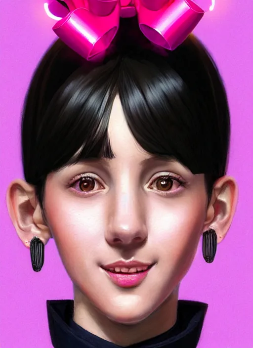 Image similar to portrait of high school girl, realistic, black hair, bangs, half updo hairstyle, pointy nose, skinny, smile, ugly, defined jawline, big chin, pink hair bow, earrings, intricate, elegant, glowing lights, highly detailed, digital painting, artstation, sharp focus, illustration, art by wlop, mars ravelo and greg rutkowski