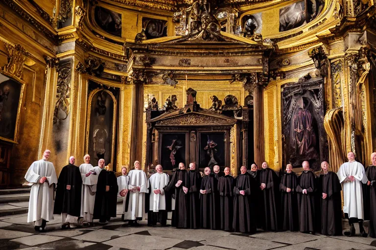 Image similar to photography of circle group of priests in front of a hell portal invoking a lovecraft creature in a baroque intricate church