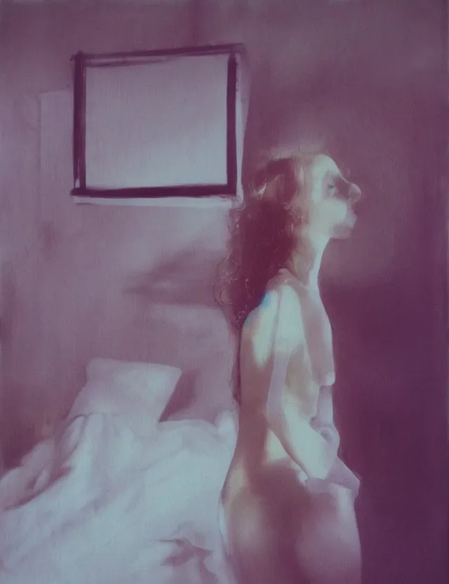 Image similar to dressed girl in hotel room, redshift, wide high angle coloured polaroid photograph with flash, kodak film, hyper real, stunning moody cinematography, anamorphic lenses, by maripol, fallen angels by wong kar - wai, style of suspiria and neon demon and bahnhof zoo, detailed, oil on canvas in style of simplified realism