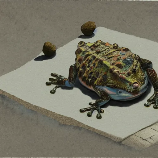 Image similar to samurai frog, low angle, tatsuyuki tanaka, detailed watercolor, back lit, paper texture, movie scene, spot light, texture, brown cobble stones, dust, overhead wires, telephone pole, dusty, dry, pencil marks, hd, 4k, remaster, dynamic camera angle, deep 3 point perspective, fish eye, dynamic scene