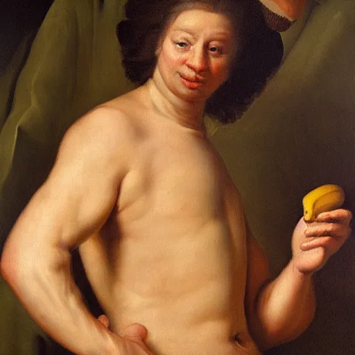 Image similar to man caressing a banana, oil painting, 1 6 6 9, high quality, high resolution