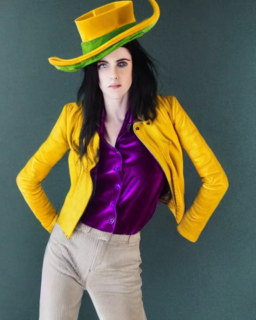 Image similar to super sharp portrait headshot of kristen ritter wearing a yellow leather jacket, green corduroy pants, a red silk blouse, and purple velvet top hat on her head, photoshoot in the style of annie leibovitz, photorealistic, samsung's 8 5 mm f 1. 4
