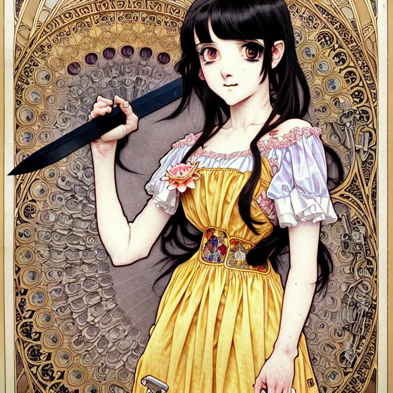 Image similar to portrait of a morbid 18 year old youth wearing a pretty little dress with straight silky black hair, in a butcher shop, holding a butcher knife, insanely and epically detailed high-quality small details, beautiful golden ratio, exquisitely detailed soft shadowig style, epic pencil illustration style, style of Range Murata and by Alphonse Mucha and by Katsuhiro Otomo.