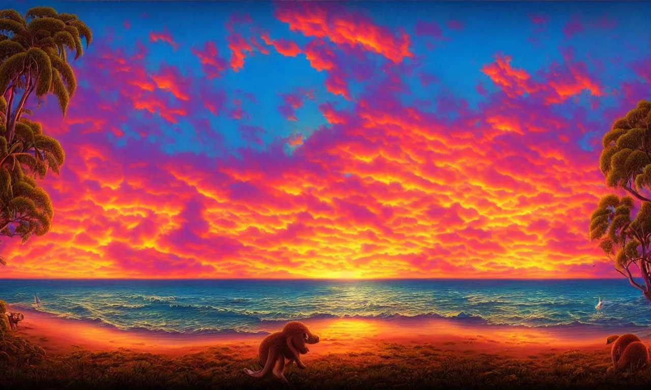 Prompt: Beautiful Australian island sunset, Mark Ryden style, vivid colors, high details, cinematic, 8k resolution, beautiful detailed, photorealistic, digital painting, happy vibes, artstation, concept art, smooth, sharp focus, illustration, fantasy background, artstation trending, octane render, unreal engine