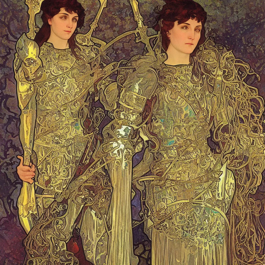 Prompt: realistic detailed face portrait of Joan of Arc wearing iridescent armor by Alphonse Mucha, art nouveau