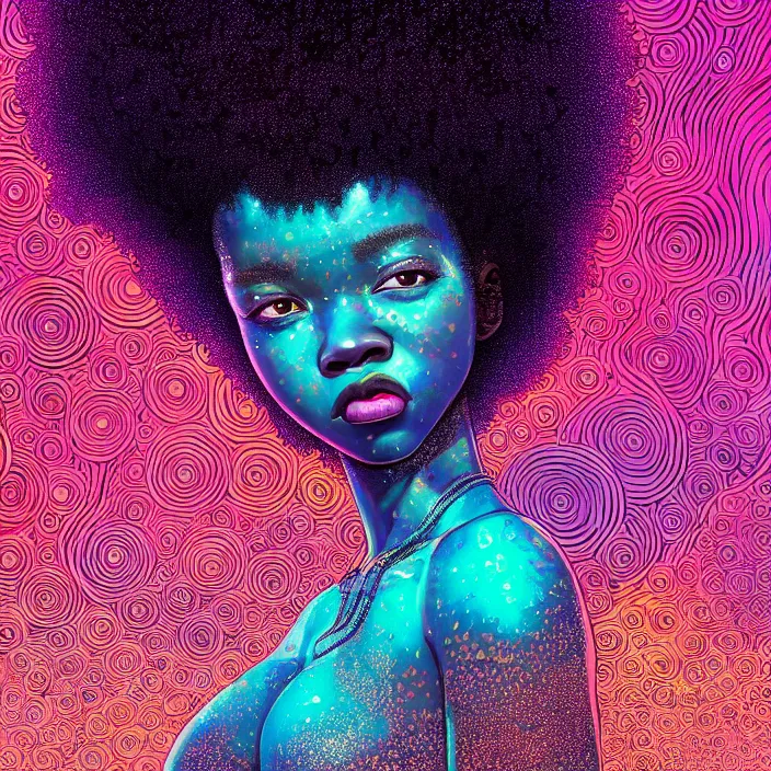 Image similar to ultra detailed illustration of a angry afro american girl covered in a sea of liquid chrome, metal material, lost in a dreamy orental realm by Victo Ngai, Andrew Thomas Huang, Ohrai Noriyoshi,, colorful, front view, synthwave, 8k, coherent, artgerm, uplifting, magical composition, artstation