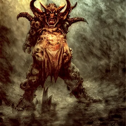 Prompt: gigantic bowser demonic with huge horns and scales and talons, resident evil, silent hill, horror, terror, scary, by ruan jia, by austin osman spare, symbolist painting, mist, volumetric render, digital painting, detailed painting, occult