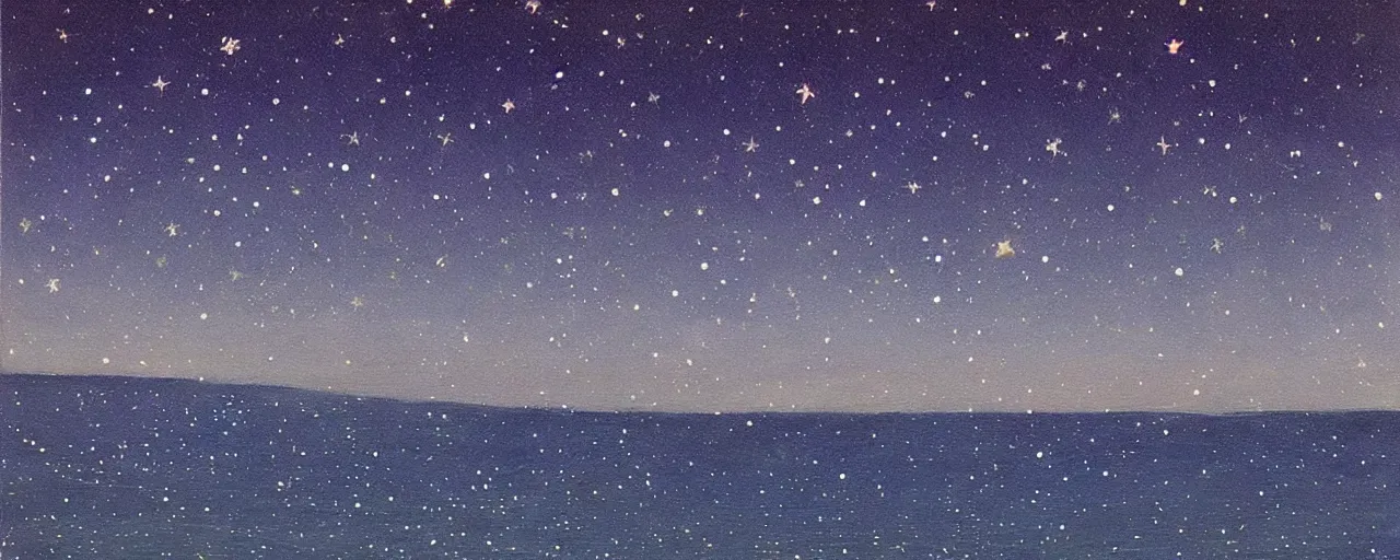 Image similar to ” beautiful starry sky and ocean painted by moebius. ”