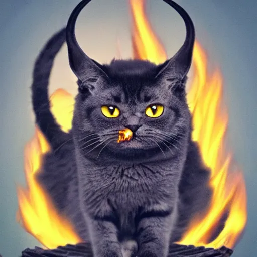 Prompt: evil cat with horns on its head sitting on a burning throne, the lord of hell, vast expanse of hell background, cat satan,