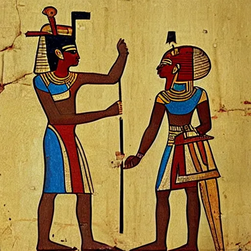 Image similar to An ancient Egyptian painting depicting an argument over whose turn it is to take out the trash