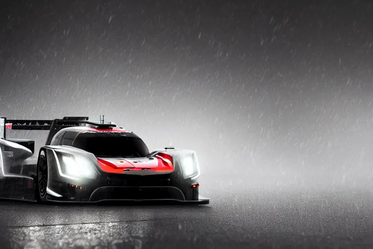Prompt: black cadillac blackwing 2023. ct5-v GT3 LMP1 car racing on dimly lit track overcast skies raining. headlights illuminating track, volumetric lighting cinematic vray photo muted colors dark cinematic. dark photo. front side view uncropped centered. artstation trending dramatic harsh lighting low exposure, motion blur, dof