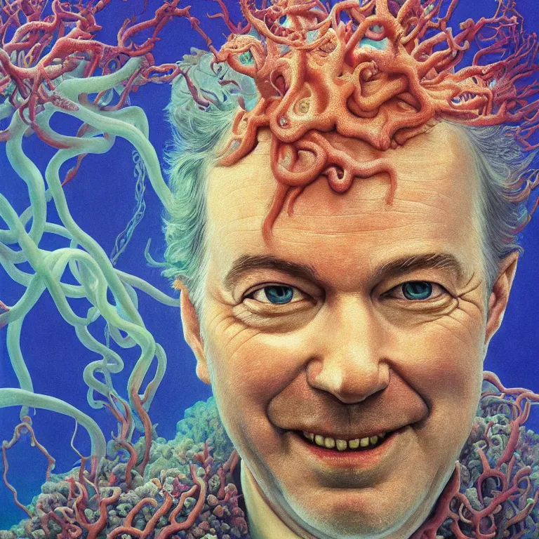 Prompt: Hyperrealistic intensely colored close up studio Photograph portrait of deep sea bioluminescent Senator Rand Paul, symmetrical face realistic proportions eye contact tentacles, Smiling in a coral reef underwater, award-winning portrait oil painting by Norman Rockwell and Zdzisław Beksiński vivid colors high contrast hyperrealism 8k