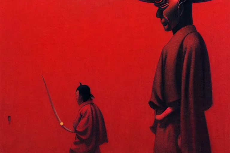 Image similar to only with red, a red samurai, tokio in background, some evil yokai, in the style of beksinski, parts by edward hopper, parts by rodcenko, parts by yue minjun, intricate and epic composition, red by caravaggio, insanely quality, highly detailed, masterpiece, red light, artstation, 4 k