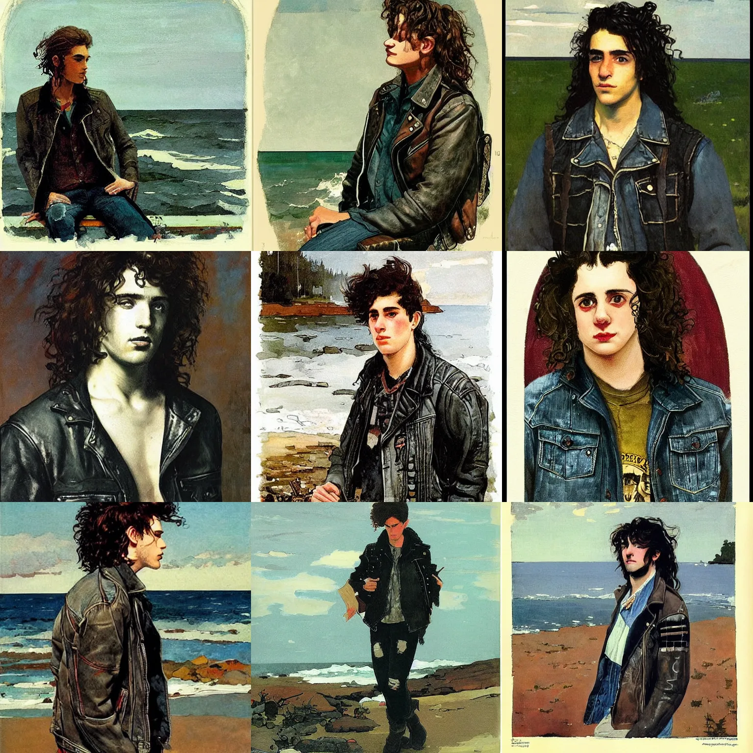 Prompt: “beautiful punk rock young man, long curly brown hair, leather jacket and denim vest, clean shaven, galley artwork by winslow homer”