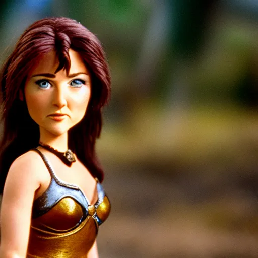 Image similar to a cinematic film still of a claymation stop motion film starring young lucy lawless as xena warrior princess, brunette hair, shallow depth of field, 8 0 mm, f 1. 8