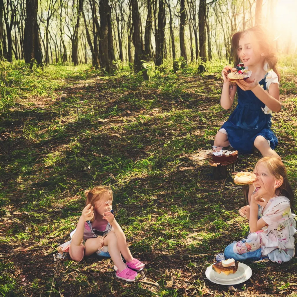 Image similar to a girl sitting in a forest, girl eating a piece of cake, sunny day, windy day