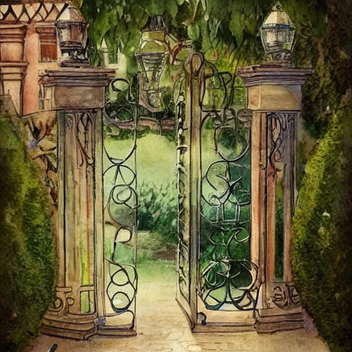 Image similar to delicate, chairs, globes, garden, paved, botanic watercolors, iridescent, 8 k, realistic shaded, fine details, artstation, italian, iron gate, tree, mediterranean