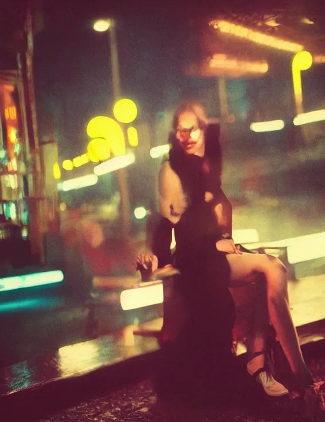 Image similar to portrait girl with smokey eyes makeup sitting on a bench at night, neon light, wide high angle coloured polaroid photograph with flash, kodak film, hyper real, stunning moody cinematography, with anamorphic lenses, by maripol, fallen angels by wong kar - wai, style of suspiria and neon demon and children from bahnhof zoo, detailed