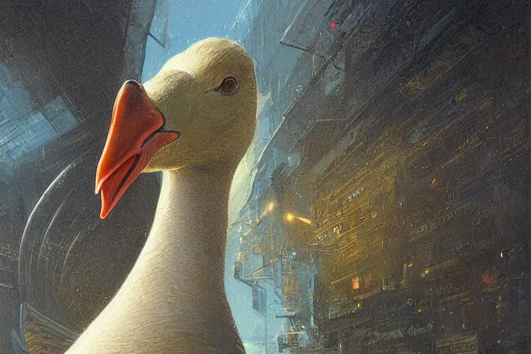 Image similar to A solarpunk very highly detailed anhtropomorphic Goose with very highly detailed face on the street of a very highly detailed solarpunk sci-fi city digital rational painting art by Greg Rutkowski, sci-fi highly detailed, digital concept art, Dimensional cyan gold natural light, sharp focus, Golden Ratio illustration, realistic concept art by Stephen Hickman and James Gurney and Hiromasa Ogura Ghost in the Shell rendered in Octane Render, From the distance