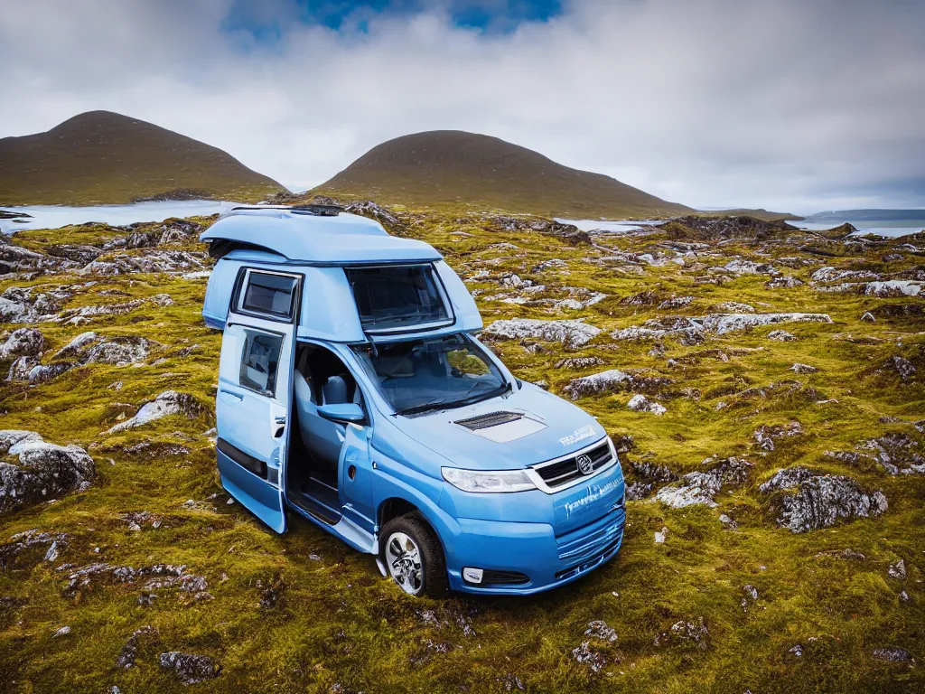 Prompt: hyper detailed advertising photograph of a sci-fi campervan on the Isle of Harris, Scotland, photorealistic, 8K, rocky, mountains, grass, beach