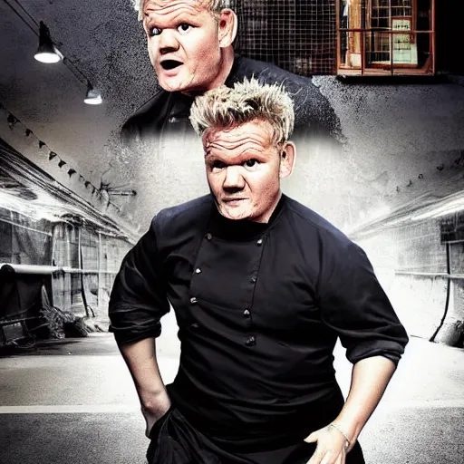 Image similar to fat gordon ramsay escaping from prison, hyper realistic, photo, photo studio, news paper, hyper detailed, smooth