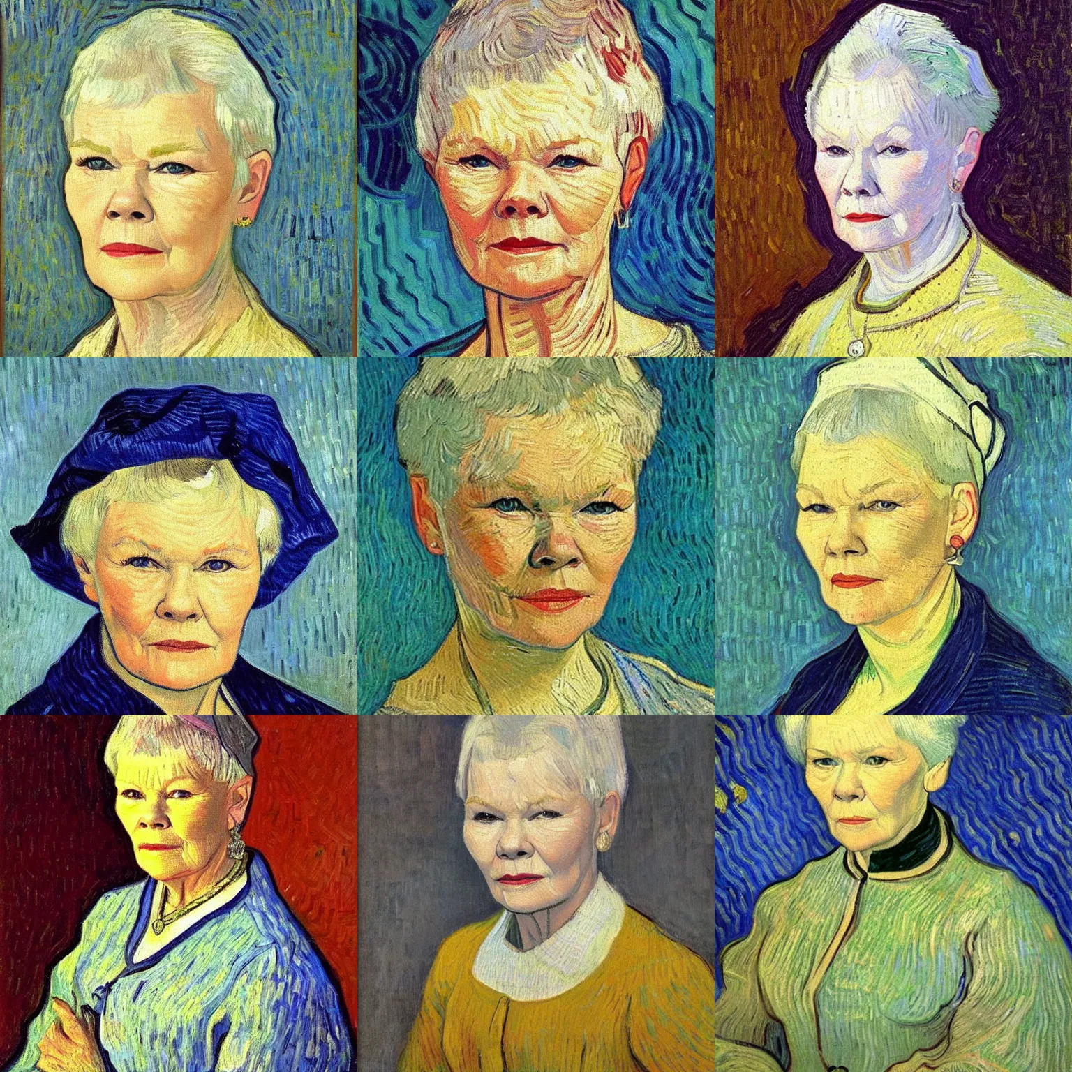 Prompt: beautiful portrait of judi dench, painted by vincent van gogh, oil on canvas